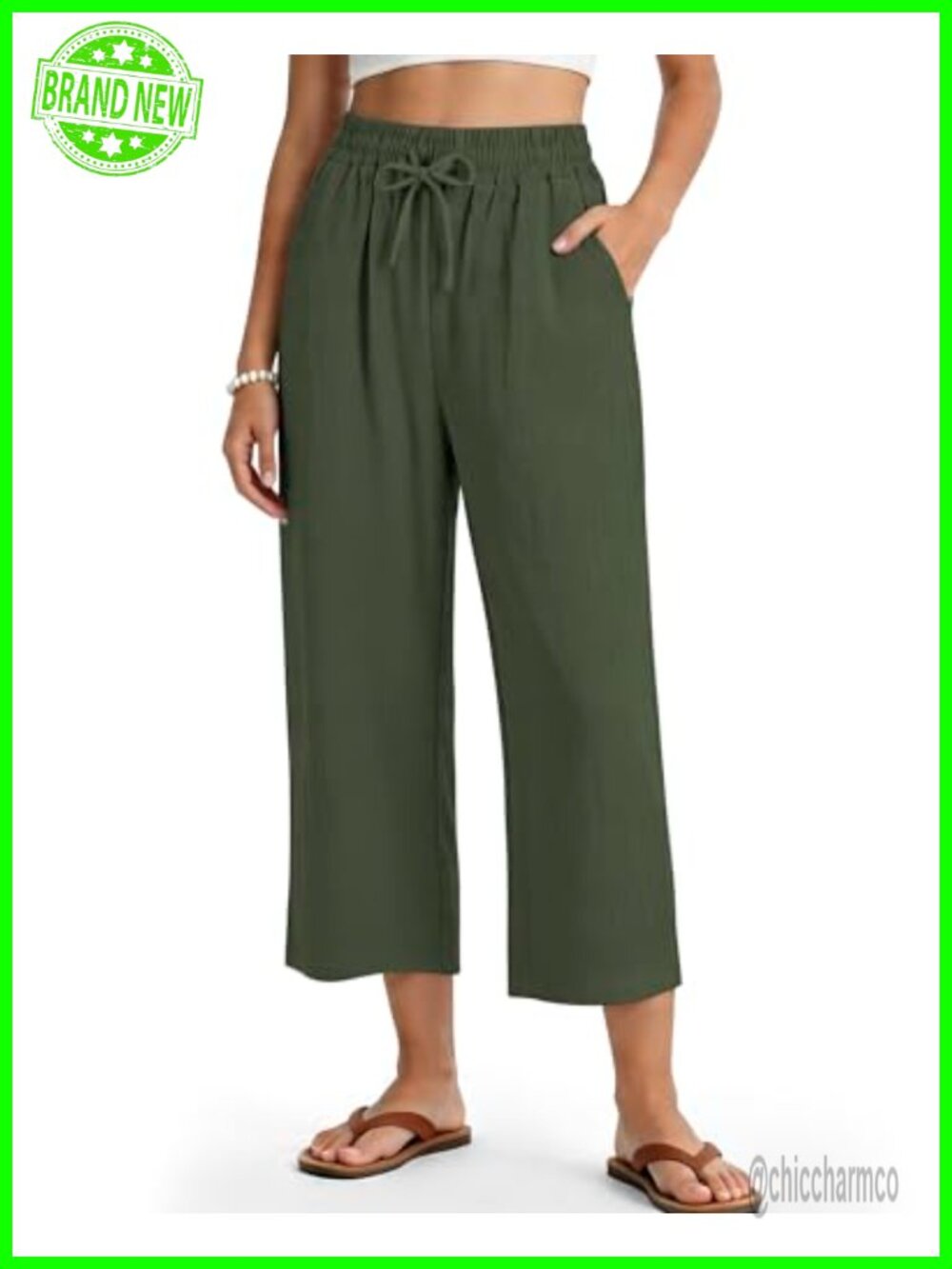 Women's Casual Capris High Rise Drawstring Loose Fit Summer Trousers with